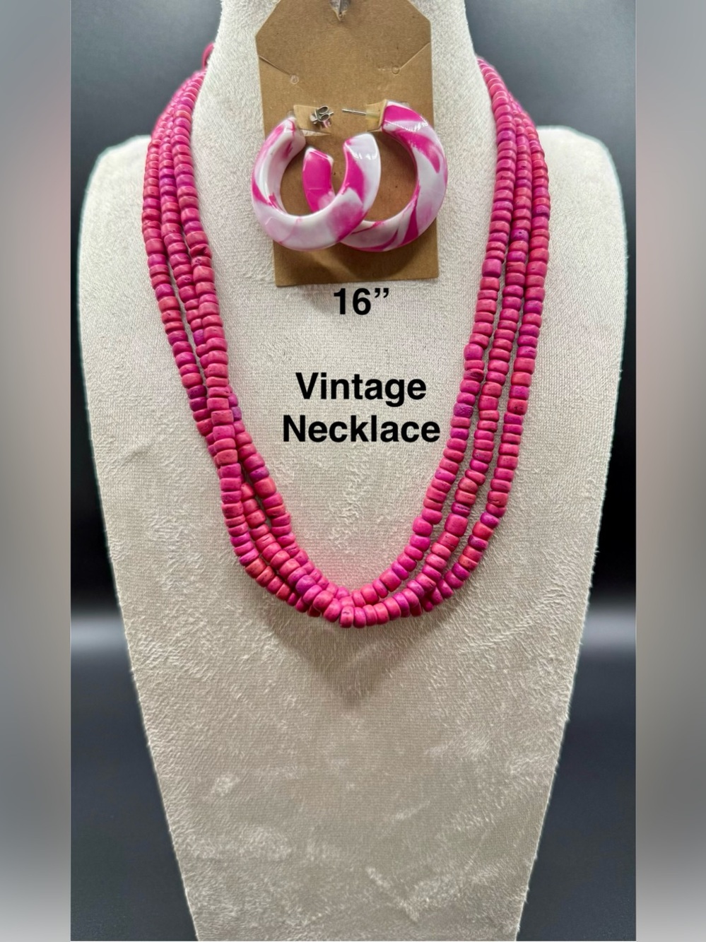 Vintage Pink Multi-Strand Beaded Necklace with Hoop Earrings